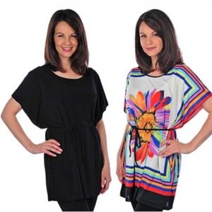 TUNICS, 2 PCE SET, BLACK & MULTI, ONE SIZE, DOLMAN SLEEVES, ROUND NECK, BELT,